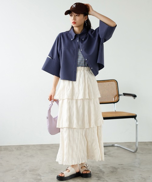 GeeRA(ジーラ)の「ワッシャー素材ティアードスカート(スカート・レディース・ブラック/オフホワイト・LARGE/MEDIUM)」の6枚目の写真