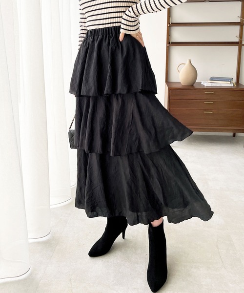 GeeRA(ジーラ)の「ワッシャー素材ティアードスカート(スカート・レディース・ブラック/オフホワイト・LARGE/MEDIUM)」の18枚目の写真