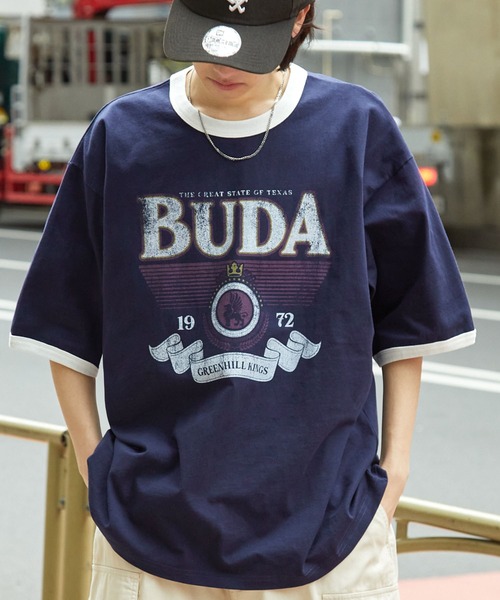 MONO-MART（モノマート）の「ヴィンテージライクロゴデザイン ビッグシルエットリンガー半袖Tシャツ（Tシャツ/カットソー・レディース・ホワイト系1/グリーン系2/ホワイト系3/ブルー/アイボリー/アイボリー系2/ブラック/レッド系1/ベージュ系3/ブラック系1/アイボリー系3/サックスブルー/オートミール/チャコール/ホワイト系4/ブラウン/ホワイト系5/アイボリー系4/ブラウン系1/ワインレッド/ネイビー・M/L/S）」の17枚目の写真