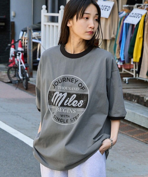 ヴィンテージライクロゴデザイン ビッグシルエットリンガー半袖Tシャツ