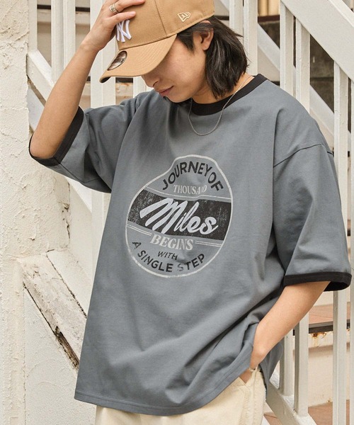 ヴィンテージライクロゴデザイン ビッグシルエットリンガー半袖Tシャツ