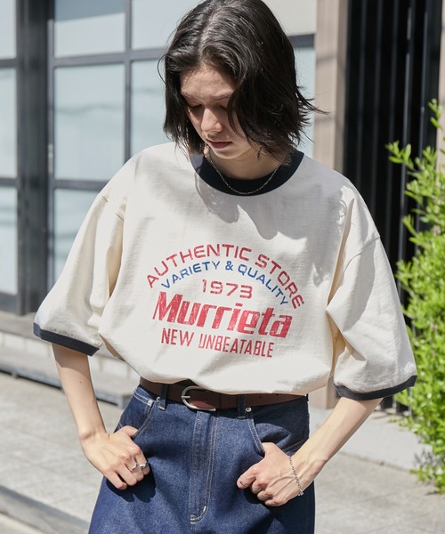 ヴィンテージライクロゴデザイン ビッグシルエットリンガー半袖Tシャツ