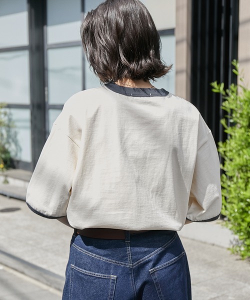 ヴィンテージライクロゴデザイン ビッグシルエットリンガー半袖Tシャツ