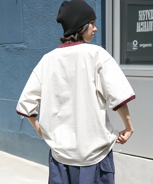 ヴィンテージライクロゴデザイン ビッグシルエットリンガー半袖Tシャツ