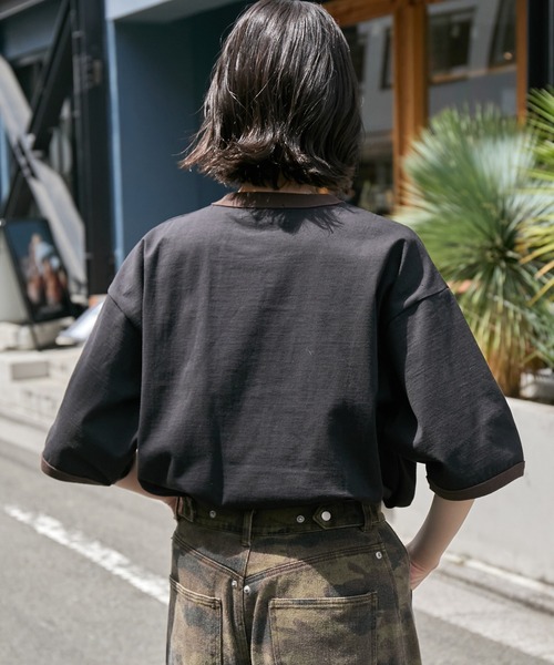 ヴィンテージライクロゴデザイン ビッグシルエットリンガー半袖Tシャツ