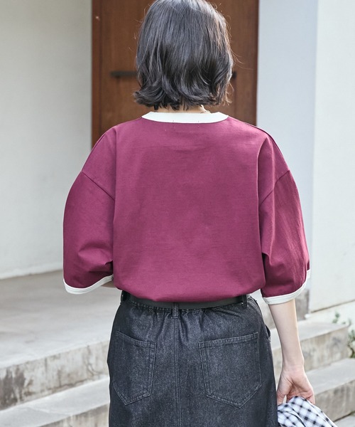 ヴィンテージライクロゴデザイン ビッグシルエットリンガー半袖Tシャツ