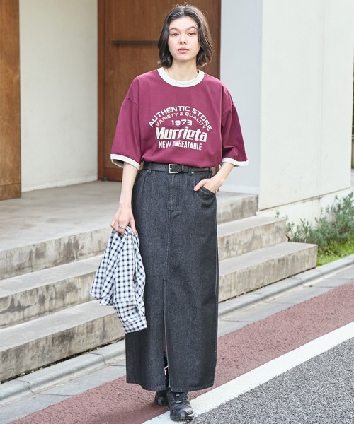 ヴィンテージライクロゴデザイン ビッグシルエットリンガー半袖Tシャツ