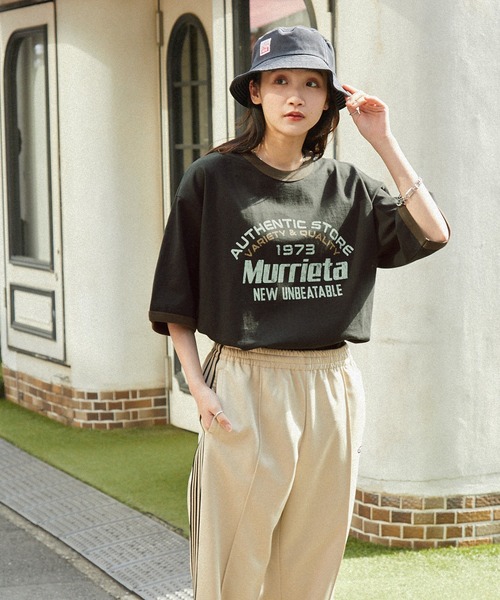 ヴィンテージライクロゴデザイン ビッグシルエットリンガー半袖Tシャツ