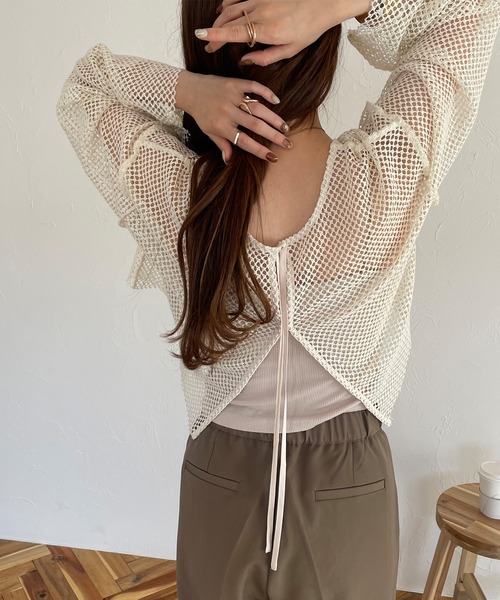 JUNOAH（ジュノア）の「前後2wayメッシュリボンカーディカン（カーディガン/ボレロ・レディース・ホワイト/ブラック/アイボリー・MEDIUM/LARGE/X-LARGE）」の16枚目の写真