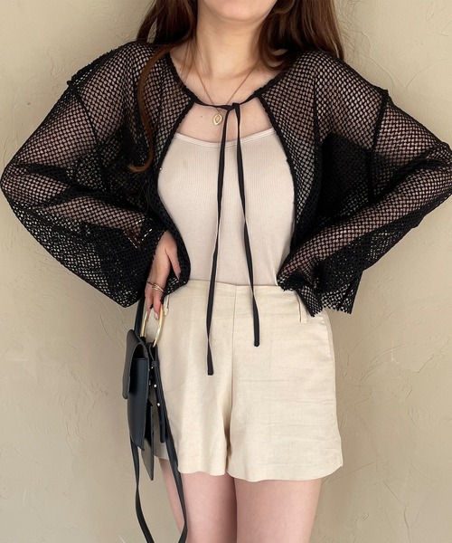 JUNOAH（ジュノア）の「前後2wayメッシュリボンカーディカン（カーディガン/ボレロ・レディース・ホワイト/ブラック/アイボリー・MEDIUM/LARGE/X-LARGE）」の4枚目の写真