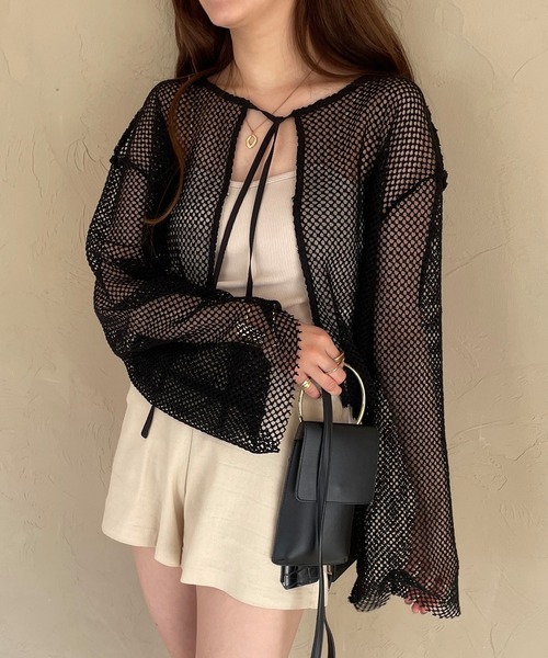 JUNOAH（ジュノア）の「前後2wayメッシュリボンカーディカン（カーディガン/ボレロ・レディース・ホワイト/ブラック/アイボリー・MEDIUM/LARGE/X-LARGE）」の9枚目の写真