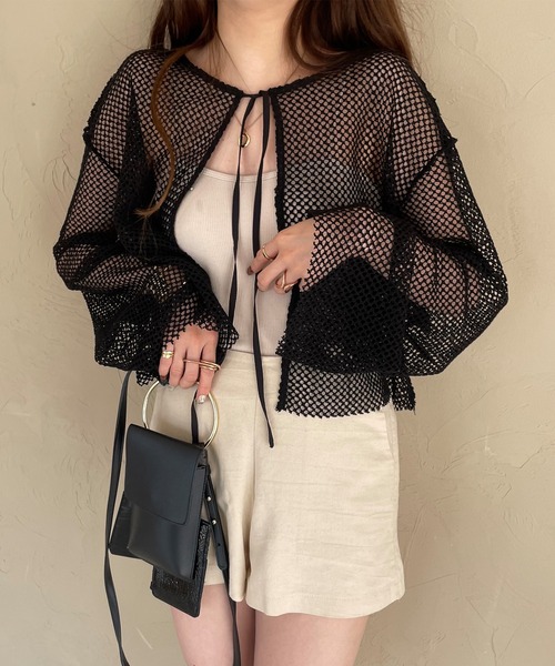 JUNOAH（ジュノア）の「前後2wayメッシュリボンカーディカン（カーディガン/ボレロ・レディース・ホワイト/ブラック/アイボリー・MEDIUM/LARGE/X-LARGE）」の8枚目の写真