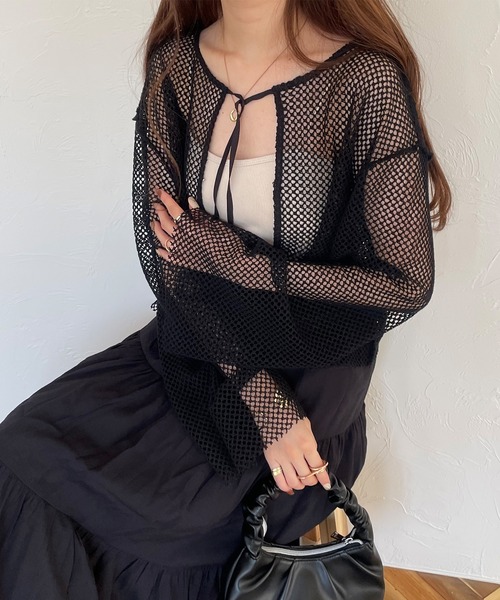 JUNOAH（ジュノア）の「前後2wayメッシュリボンカーディカン（カーディガン/ボレロ・レディース・ホワイト/ブラック/アイボリー・MEDIUM/LARGE/X-LARGE）」の11枚目の写真