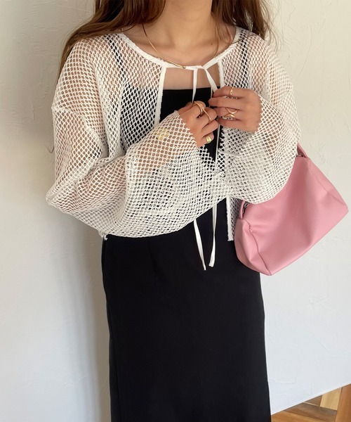 JUNOAH（ジュノア）の「前後2wayメッシュリボンカーディカン（カーディガン/ボレロ・レディース・ホワイト/ブラック/アイボリー・MEDIUM/LARGE/X-LARGE）」の13枚目の写真