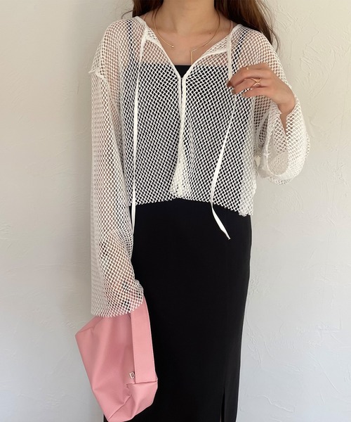 JUNOAH（ジュノア）の「前後2wayメッシュリボンカーディカン（カーディガン/ボレロ・レディース・ホワイト/ブラック/アイボリー・MEDIUM/LARGE/X-LARGE）」の7枚目の写真