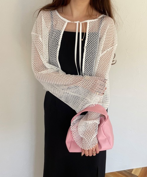 JUNOAH（ジュノア）の「前後2wayメッシュリボンカーディカン（カーディガン/ボレロ・レディース・ホワイト/ブラック/アイボリー・MEDIUM/LARGE/X-LARGE）」の5枚目の写真