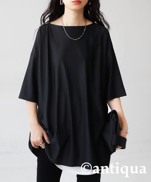 antiqua(アンティカ)の「シームレスTシャツ(Tシャツ/カットソー・レディース・ネイビー/ブラック/グレイッシュベージュ・FREE)」の3枚目の写真