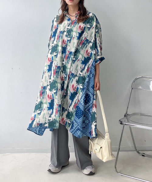 アズノウアズ 花柄シャツワンピース ブルー セール】○異素材合わせて7分袖シャツワンピース（シャツワンピース