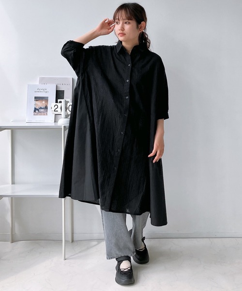 AS KNOW シャツワンピース 異素材合わせて7分袖シャツワンピース