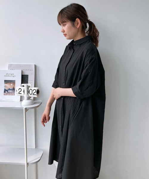 セール】○異素材合わせて7分袖シャツワンピース（シャツワンピース
