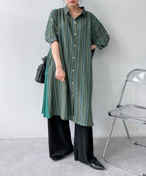 AS KNOW シャツワンピース 異素材合わせて7分袖シャツワンピース