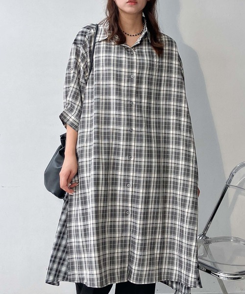 セール】○異素材合わせて7分袖シャツワンピース（シャツワンピース