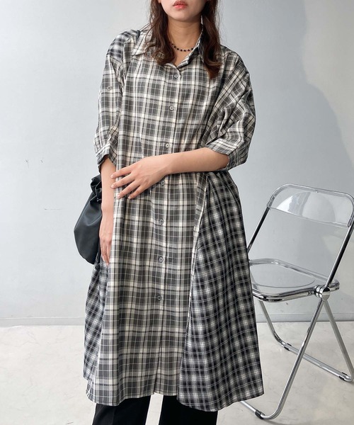 アズノウアズ　シャツワンピース　フリーサイズ AS KNOW シャツワンピース 異素材合わせて7分袖シャツワンピース