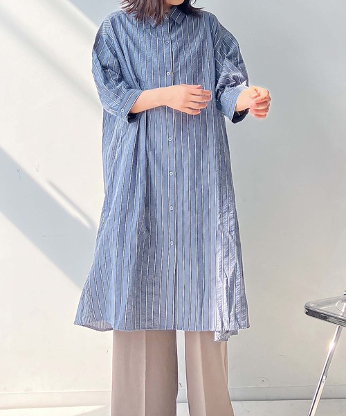 セール】○異素材合わせて7分袖シャツワンピース（シャツワンピース