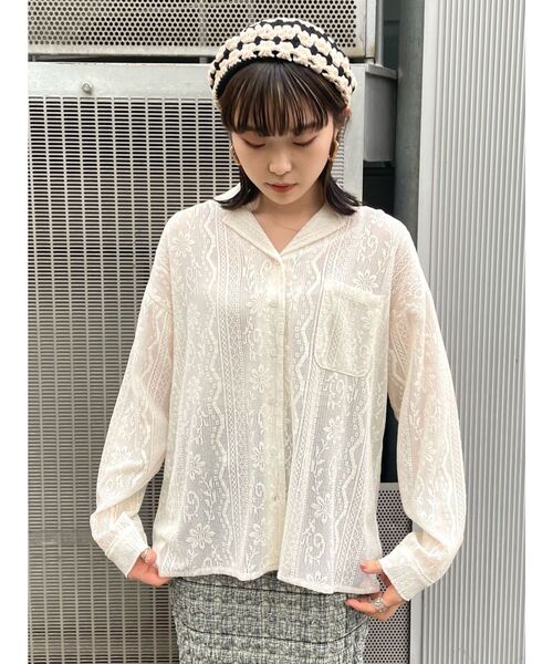 merry jenny（メリージェニー）の「クロシェレースシアーシャツ（シャツ/ブラウス・レディース・オフホワイト/ブラック・FREE）」の5枚目の写真