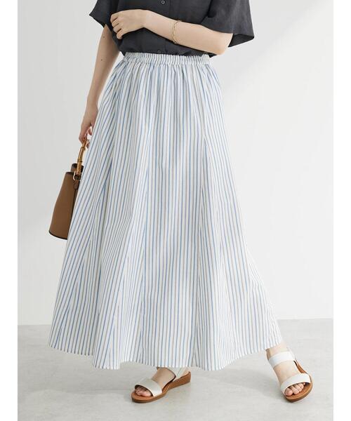 Green　Parks（グリーンパークス）の「I　切替ギャザーロングスカート（スカート・レディース・ブルー/オフホワイト/ストライプ/ブラック/ピンク・FREE）」の7枚目の写真