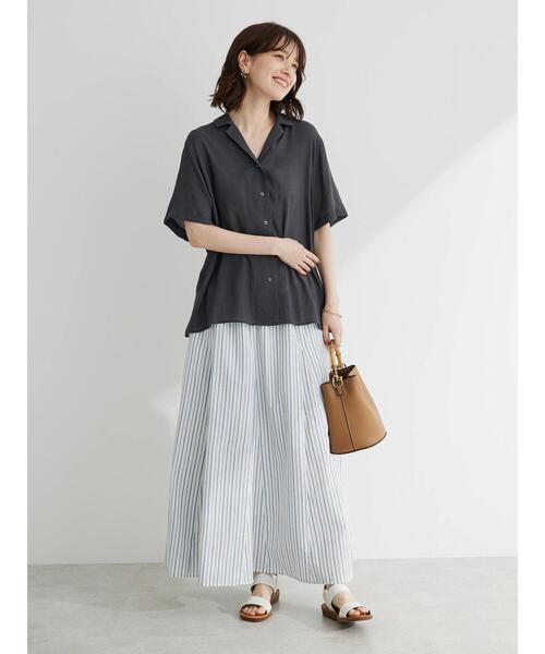 Green　Parks（グリーンパークス）の「I　切替ギャザーロングスカート（スカート・レディース・ブルー/オフホワイト/ストライプ/ブラック/ピンク・FREE）」の10枚目の写真