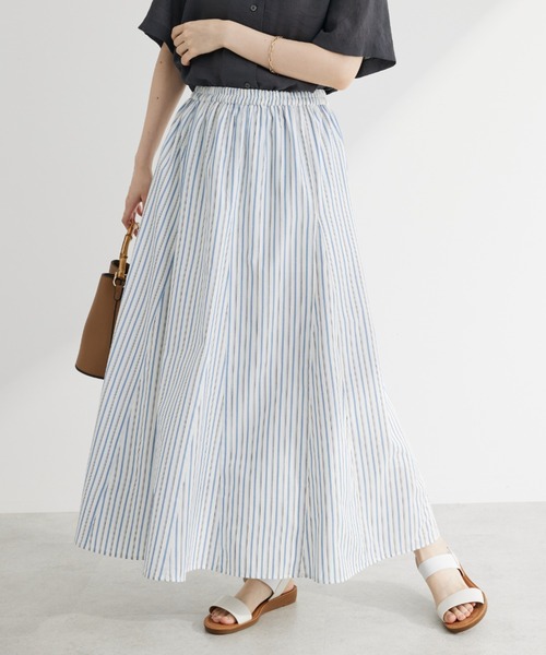 Green　Parks（グリーンパークス）の「I　切替ギャザーロングスカート（スカート・レディース・ブルー/オフホワイト/ストライプ/ブラック/ピンク・FREE）」の5枚目の写真