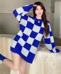 ブロックチェック柄オーバーサイズニットプルオーバー