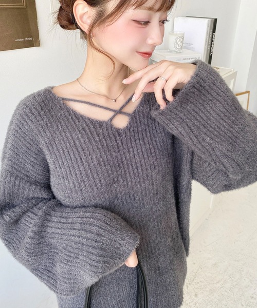 美品　SONO ソーノ　フォックス混シャギーニット　グレージュ　ゆったりサイズ1 LONG SLEEVE WOOL MIXED SHAGGY KNIT / ロングスリーブウール混