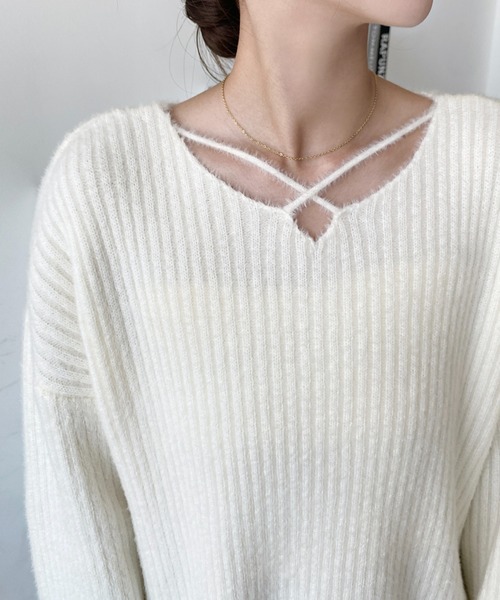 LV ラメロゴ付きホワイトニット nanamiさんコラボ ]前後2wayシャギーニットトップス（ニット/セーター