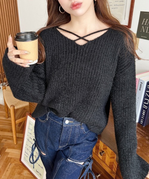 セール】クロスネックシャギーニットプルオーバー（ニット/セーター  