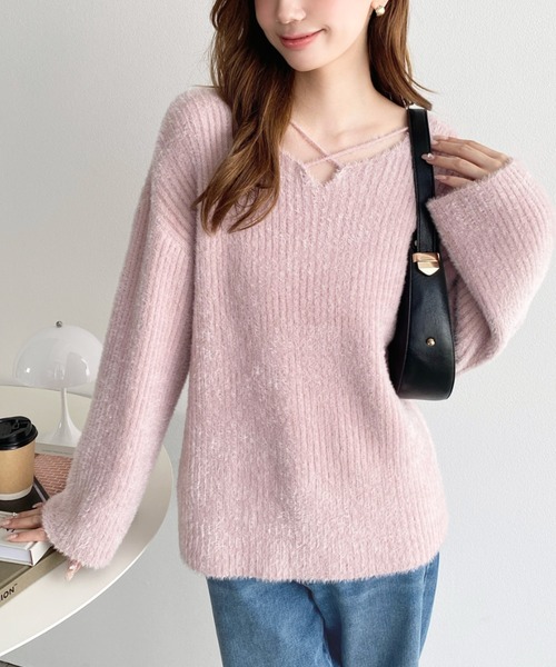 LOULOU select（ルルセレクト）の「クロスネックシャギーニットプルオーバー（ニット/セーター・レディース・ブラック/ベージュ/オフホワイト/アイボリー/チャコールグレー/ピンク/グレイッシュベージュ/ブラウン・M/L）」の9枚目の写真