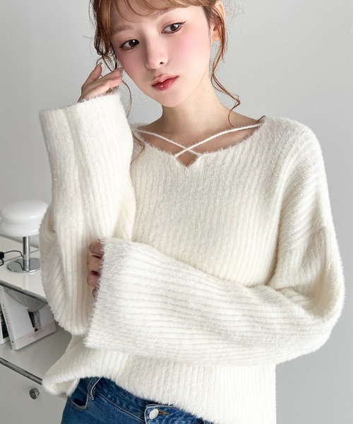 LOULOU select（ルルセレクト）の「クロスネックシャギーニットプルオーバー（ニット/セーター・レディース・ブラック/ベージュ/オフホワイト/アイボリー/チャコールグレー/ピンク/グレイッシュベージュ/ブラウン・M/L）」の15枚目の写真