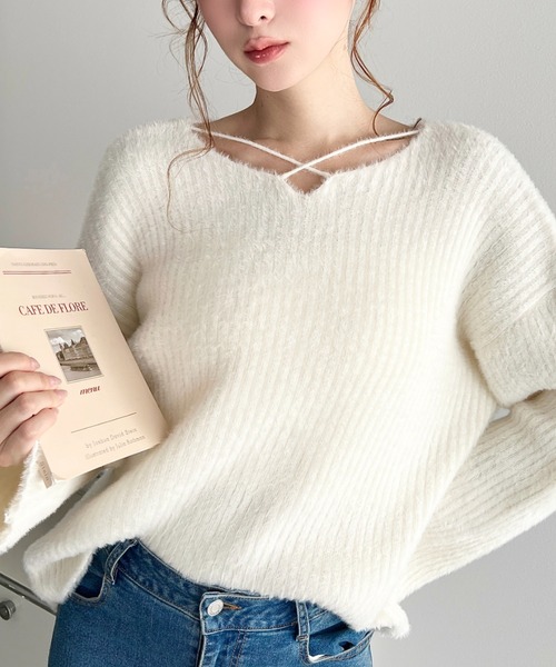 LOULOU select（ルルセレクト）の「クロスネックシャギーニットプルオーバー（ニット/セーター・レディース・ブラック/ベージュ/オフホワイト/アイボリー/チャコールグレー/ピンク/グレイッシュベージュ/ブラウン・M/L）」の16枚目の写真