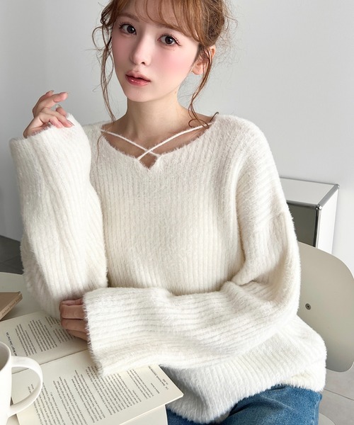 LOULOU select（ルルセレクト）の「クロスネックシャギーニットプルオーバー（ニット/セーター・レディース・ブラック/ベージュ/オフホワイト/アイボリー/チャコールグレー/ピンク/グレイッシュベージュ/ブラウン・M/L）」の14枚目の写真