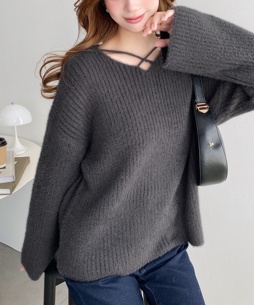 LOULOU select（ルルセレクト）の「クロスネックシャギーニットプルオーバー（ニット/セーター・レディース・ブラック/ベージュ/オフホワイト/アイボリー/チャコールグレー/ピンク/グレイッシュベージュ/ブラウン・M/L）」の20枚目の写真