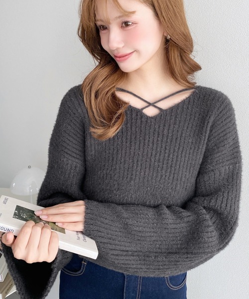 LOULOU select（ルルセレクト）の「クロスネックシャギーニットプルオーバー（ニット/セーター・レディース・ブラック/ベージュ/オフホワイト/アイボリー/チャコールグレー/ピンク/グレイッシュベージュ/ブラウン・M/L）」の22枚目の写真