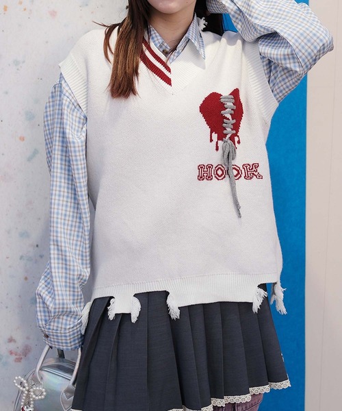 HOOK(フック)の「HOOK -original- 傷だらけのアシンメトリーニットベスト(ベスト・メンズ・ホワイト/ブラック/ホワイト系その他・M/L/XL)」の16枚目の写真