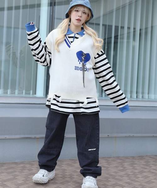 HOOK(フック)の「HOOK -original- 傷だらけのアシンメトリーニットベスト(ベスト・メンズ・ホワイト/ブラック/ホワイト系その他・M/L/XL)」の22枚目の写真