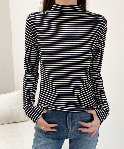 Diosfront(ディオスフロント)の「ハイネックボーダーカットトップス(Tシャツ/カットソー・レディース・ブラウン/チャコールグレー/アイボリー/ブラック・FREE)」の5枚目の写真