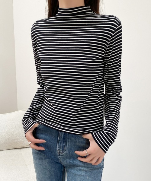 Diosfront(ディオスフロント)の「ハイネックボーダーカットトップス(Tシャツ/カットソー・レディース・ブラウン/チャコールグレー/アイボリー/ブラック・FREE)」の6枚目の写真