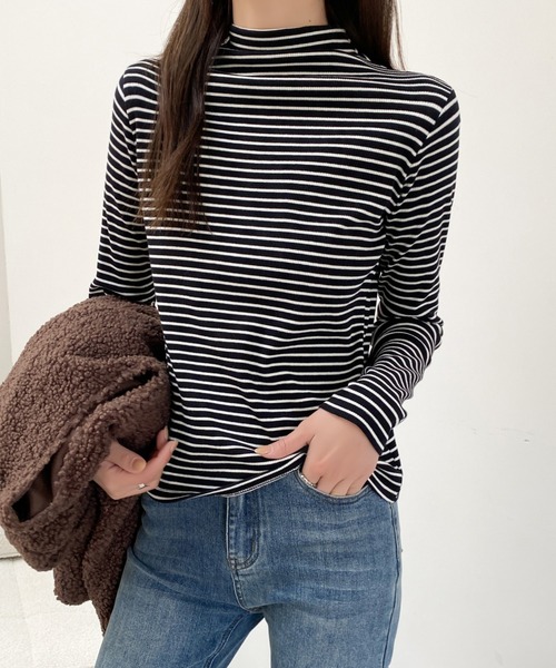 Diosfront(ディオスフロント)の「ハイネックボーダーカットトップス(Tシャツ/カットソー・レディース・ブラウン/チャコールグレー/アイボリー/ブラック・FREE)」の7枚目の写真