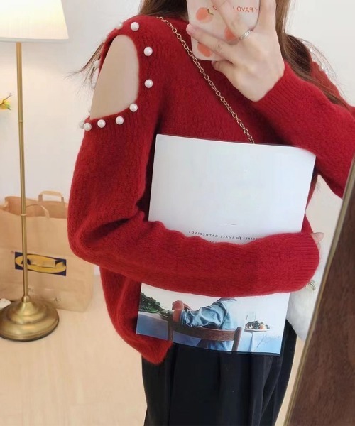 Miniministore（ミニミニストア）の「ニットトップス 肩出し ニットソー 長袖（ニット/セーター・レディース・ピンク/イエロー/ワインレッド/オフホワイト・フリー）」の12枚目の写真