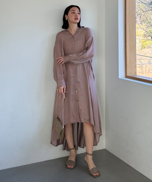 雑誌掲載モデル♡プラージュ コットンギャザーシャツワンピース 入手困難 セール】サテンバックギャザーシャツワンピース（ワンピース