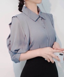 襟付き立体パフスリーブシフォンブラウス